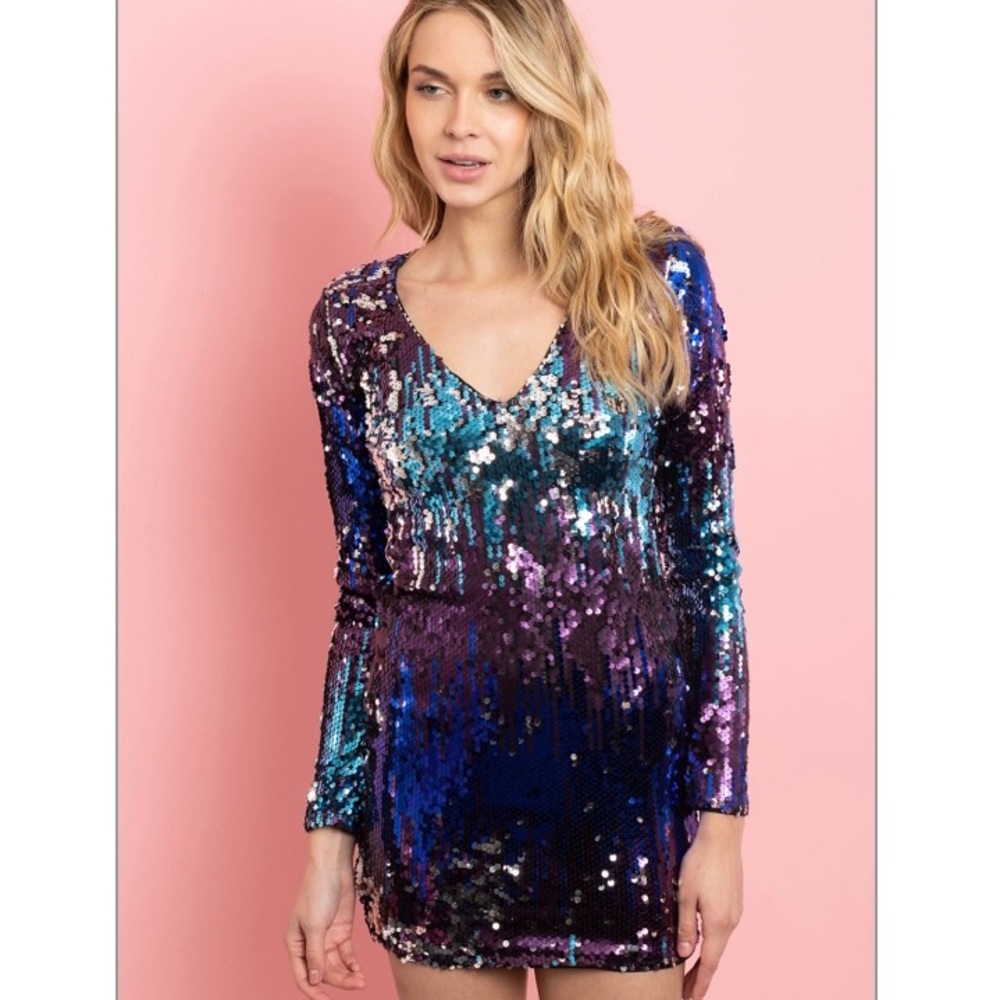 Multi Color Plunging Long Sleeve Sequin Dress